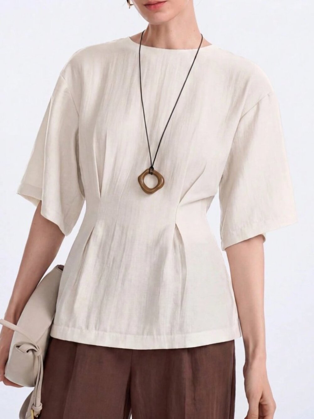 Cream Round Neck Blouse with Fitted Waist Seam Detail